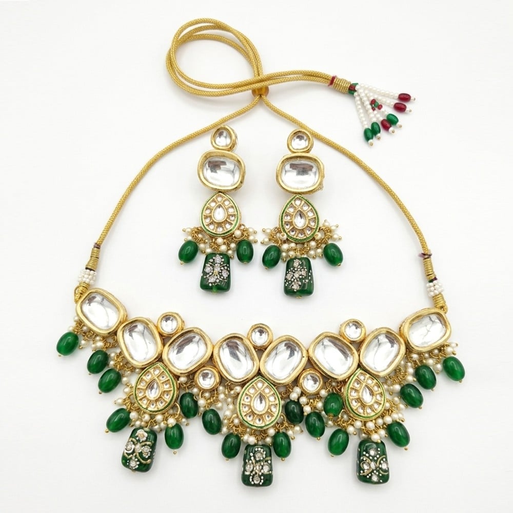 Handcrafted Emerald Green Kundan Statement Bridal Necklace Set